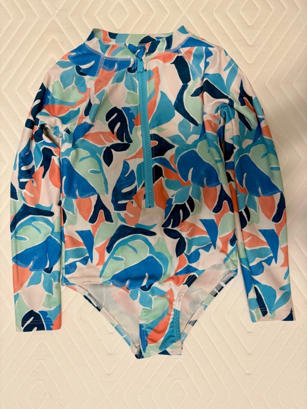 Old Navy Girls' Long-Sleeve Rashguard Suit - Blue, Coral & Mint Leaf Print